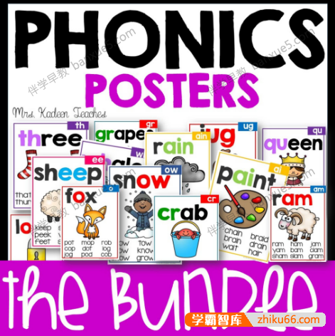 自然拼读词根闪卡《Phonics Poster Mega Bundle》共131张PDF文档