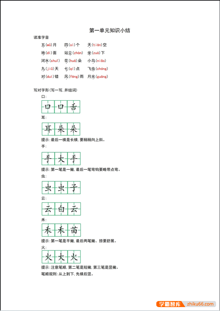 统编版小学语文1-6年级上册期末复习知识点汇总