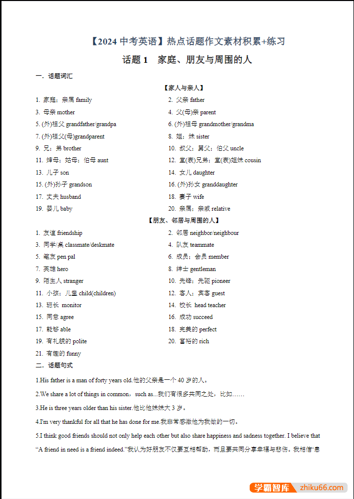 中考英语热点话题作文素材积累+练习