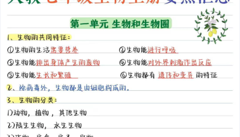 人教版初中生物核心知识要点笔记汇总