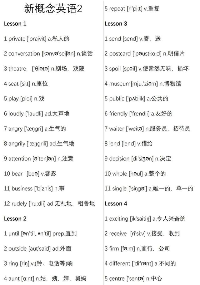 新概念英语1-4册单词完整版（含音标，音频），附默写表